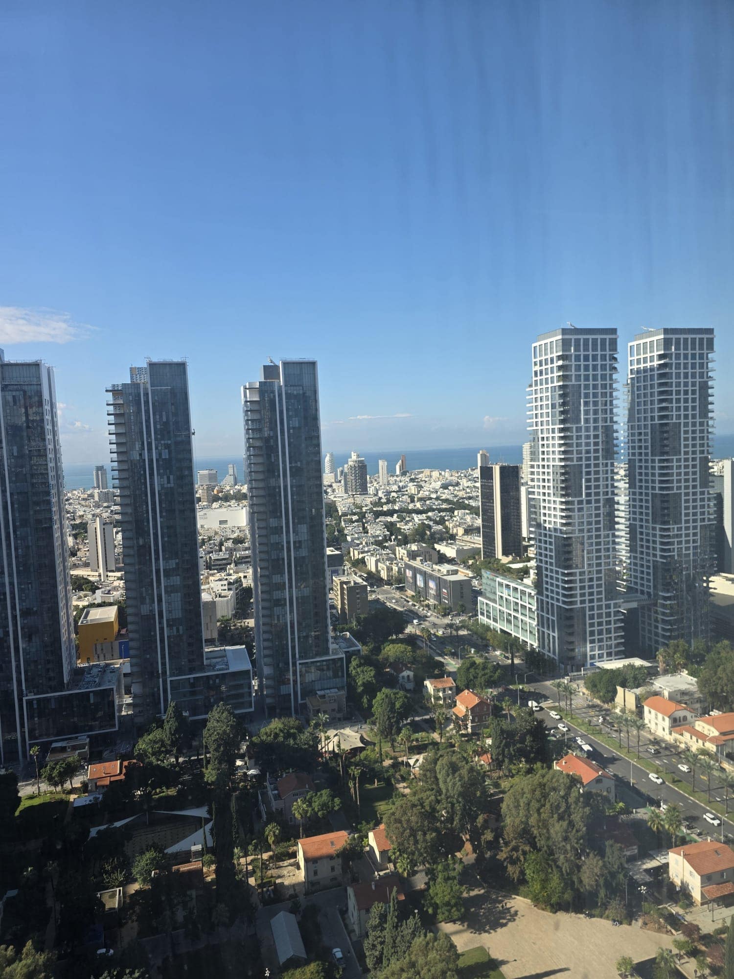 View from a high floor of HaArba'a Towers in Sarona toward Tel Aviv and the sea